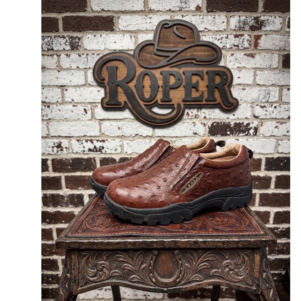 Roper Men's Performance‎ Ostrich Print Slip On Shoes Brown Leather Loafers